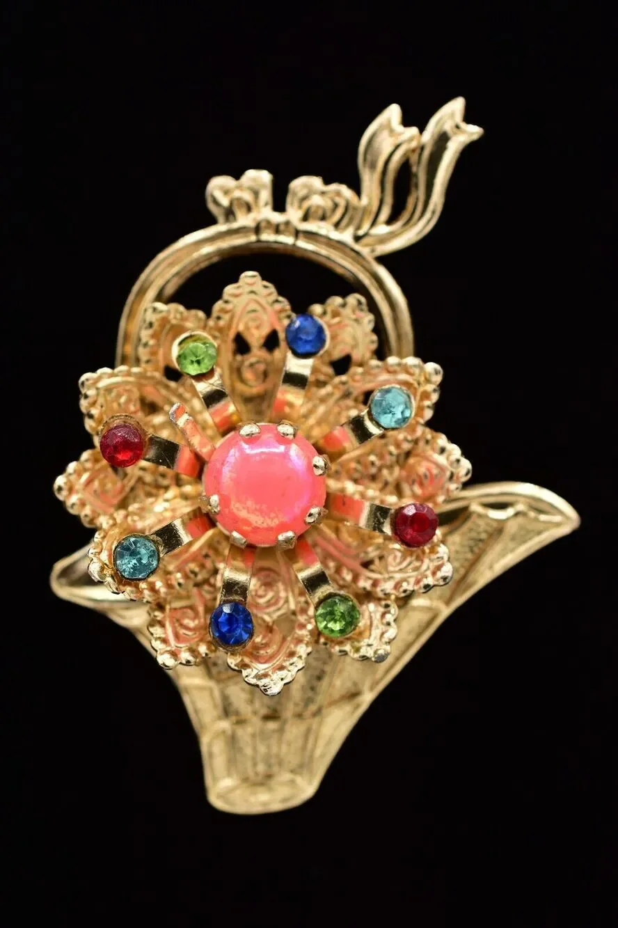 Vintage Flower Pin Brooch Sheet Metal Lightweight Rhinestone Cabochon Gold BinB